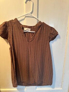 LOFT Brown Plaid Short Sleeve V-Neck Blouse